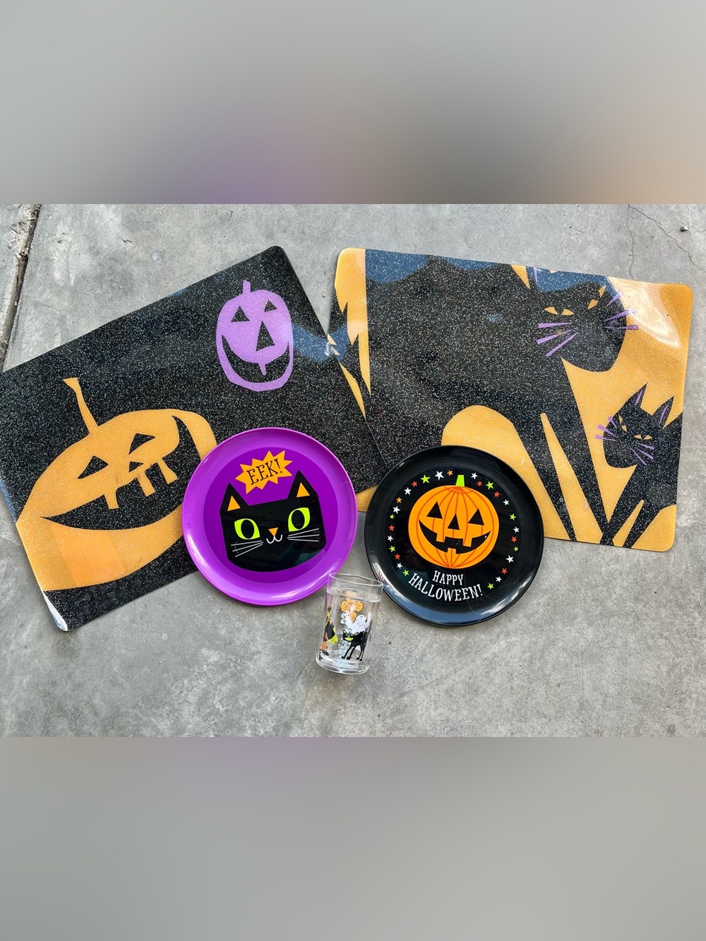 Fun Halloween Cat & Pumpkin Party Glitter Placemat Set w/ Plates & Cup